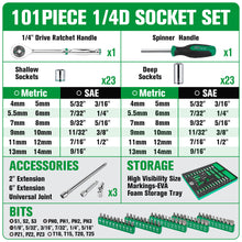Load image into Gallery viewer, 101 Piece, 1/4" Drive, 6 Point, Shallow & Deep, SAE & Metric Chrome Socket Set with Bits