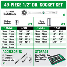 Load image into Gallery viewer, 49 Piece 1/2" Drive, 6 Point, Standard & Deep, SAE & Metric Chrome Socket Set