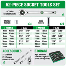 Load image into Gallery viewer, 1/4" Drive, 52 Piece, 6 Point, Shallow & Deep, SAE & Metric Chrome Socket Set