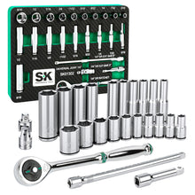 Load image into Gallery viewer, 24 Piece 1/4" Drive, 6 Point, Shallow & Deep, SAE Chrome Socket Set with 216-Position Ratchet