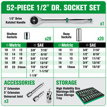 Load image into Gallery viewer, 52 Piece 1/2" Drive, 6 Point, Standard & Deep, SAE & Metric Chrome Socket Set