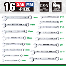 Load image into Gallery viewer, 16 Piece, 12 Point, SAE & Metric Chrome Combination Wrench Set