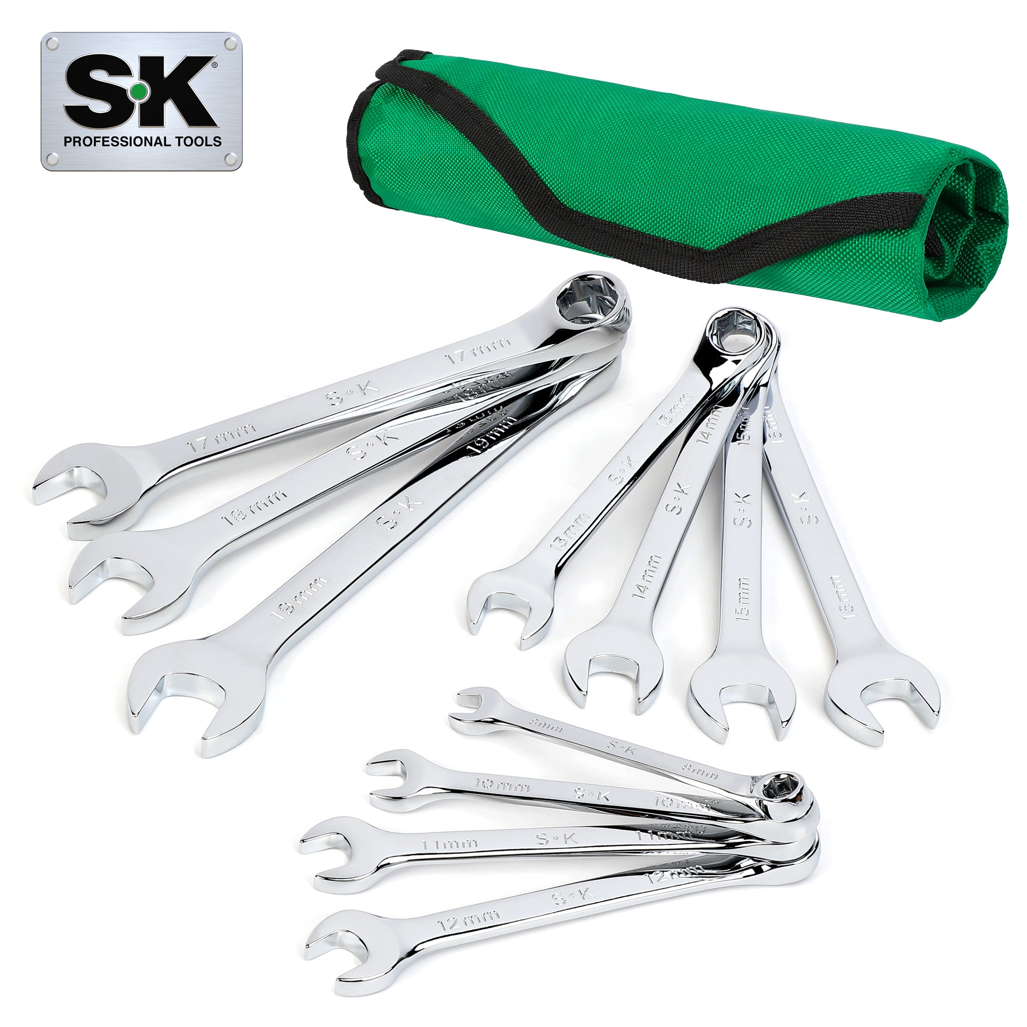 11 Piece SK Tools USA Combination Wrench Set in chrome finish with 6 point metric design and durable storage pouch