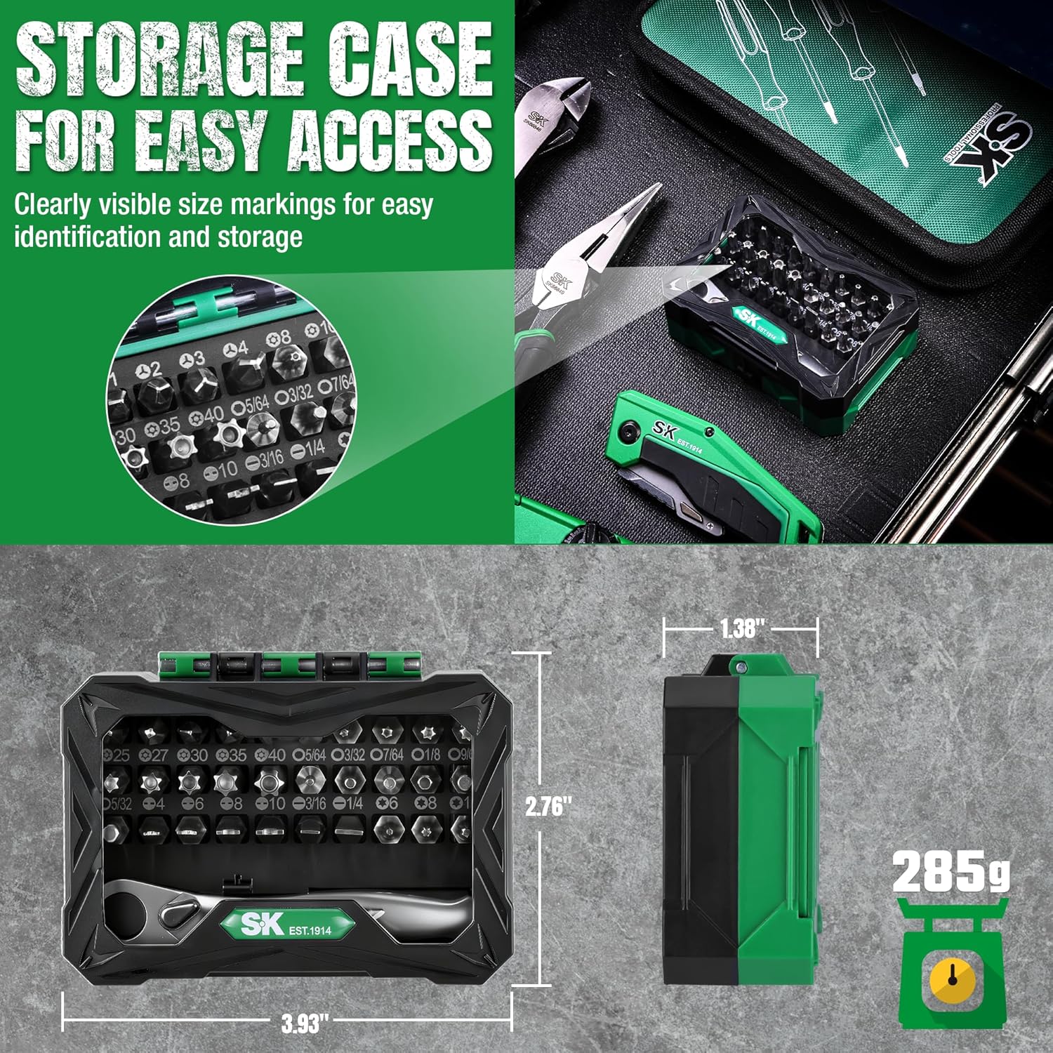 Storage case with tools and measurements, featuring SK Tools branding.