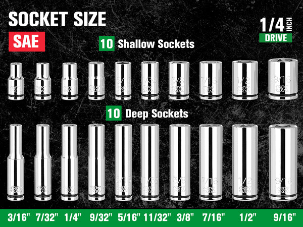 SK01302-216P - 24 Piece 1/4" Drive, 6 Point, Shallow & Deep, SAE Chrome Socket Set with 216-Position Ratchet View 2