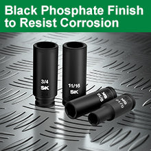 Black metal sockets with 'Black Phosphate Finish to Resist Corrosion' text on a metallic surface.