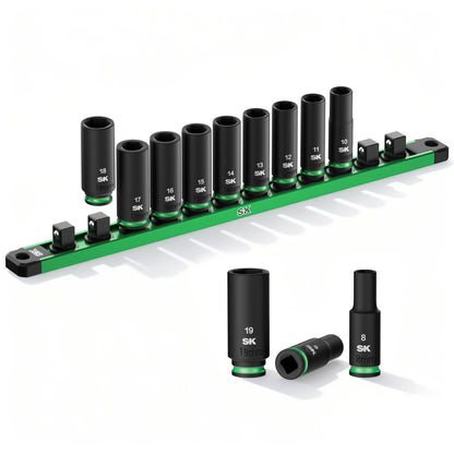 Set of socket tools with a green holder on a white background