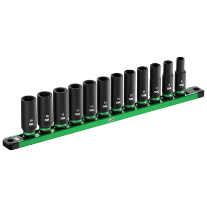 Set of sockets on a green holder with SK logo on a white background