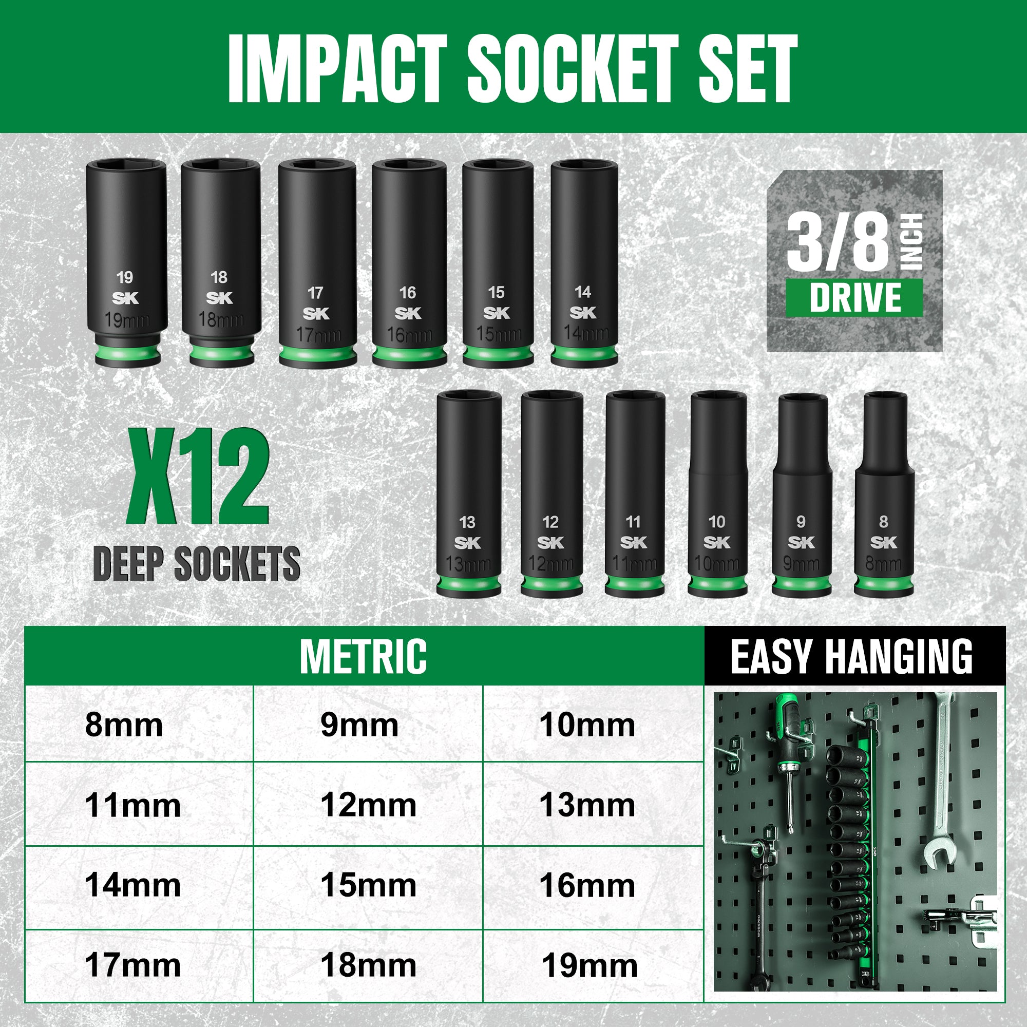 Impact socket set with sizes displayed on a gray background