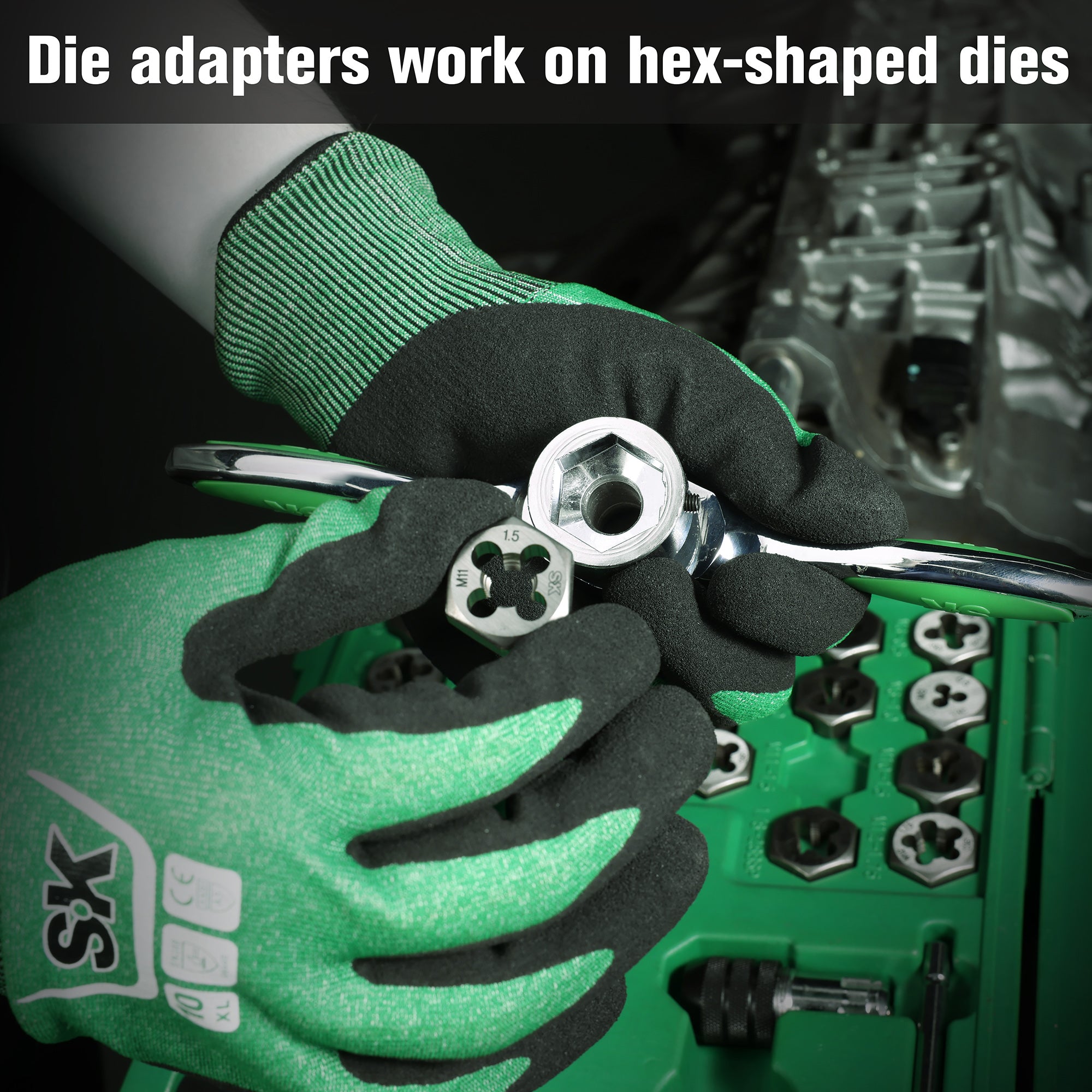 Person wearing green gloves holding a die adapter with hex-shaped dies.