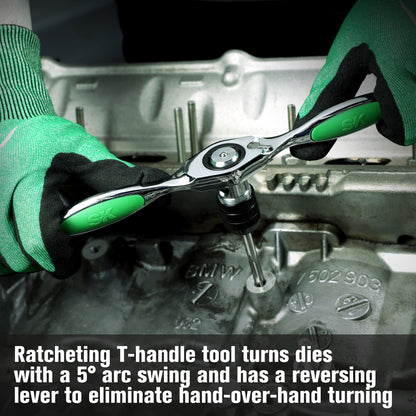 Person using a ratcheting T-handle tool on a mechanical component with text describing the tool's features.
