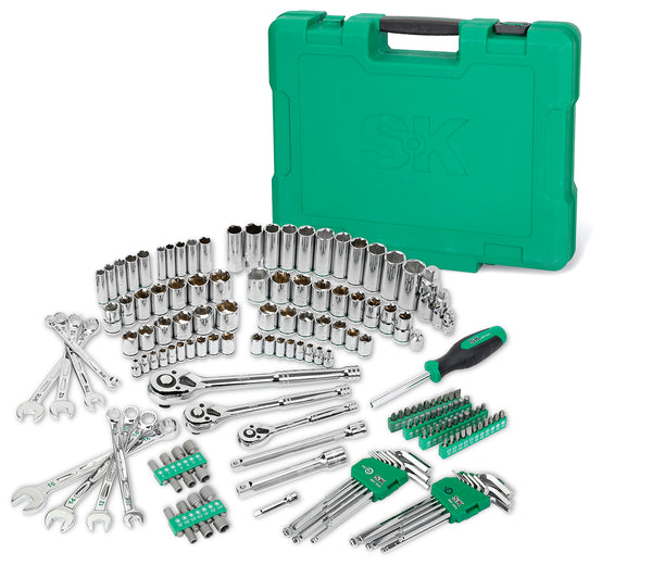 Mechanical tool set with green case on a white background