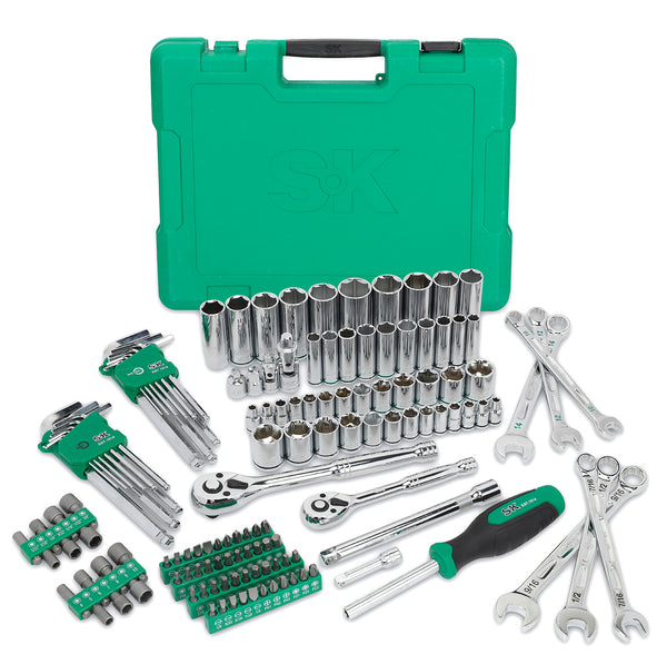 Mechanical tool set with green case on a white background