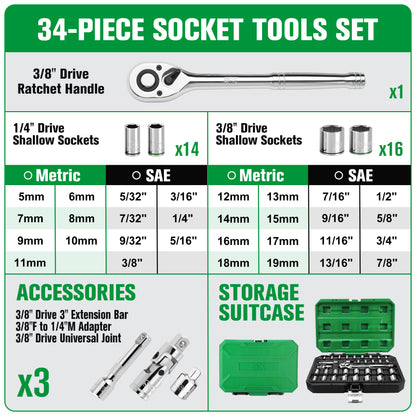 1/4" & 3/8" Drive, 34 Piece, 6 Point, Standard, SAE & Metric Chrome Socket Set, #SK01541