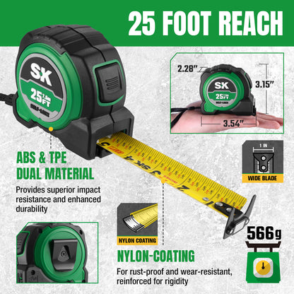 Green tape measure with 25-foot reach, ABS & TPE dual material, and nylon coating features.