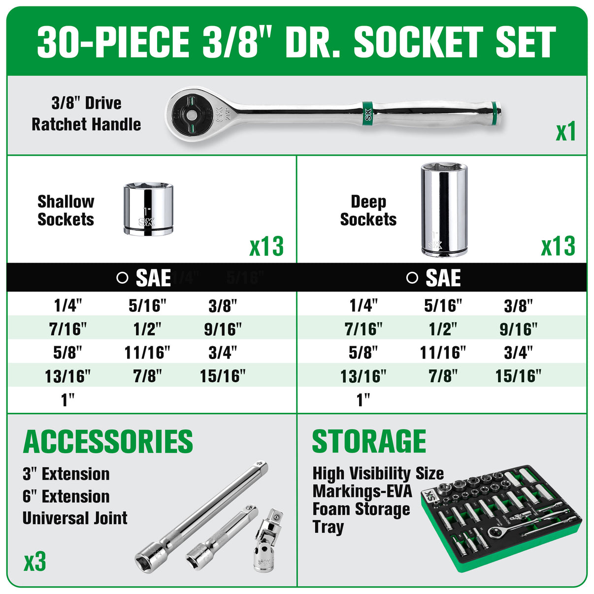 SK01309-216P - 30 Piece 3/8" Drive, 6 Point, Standard & Deep, SAE Chrome Socket Set View 2