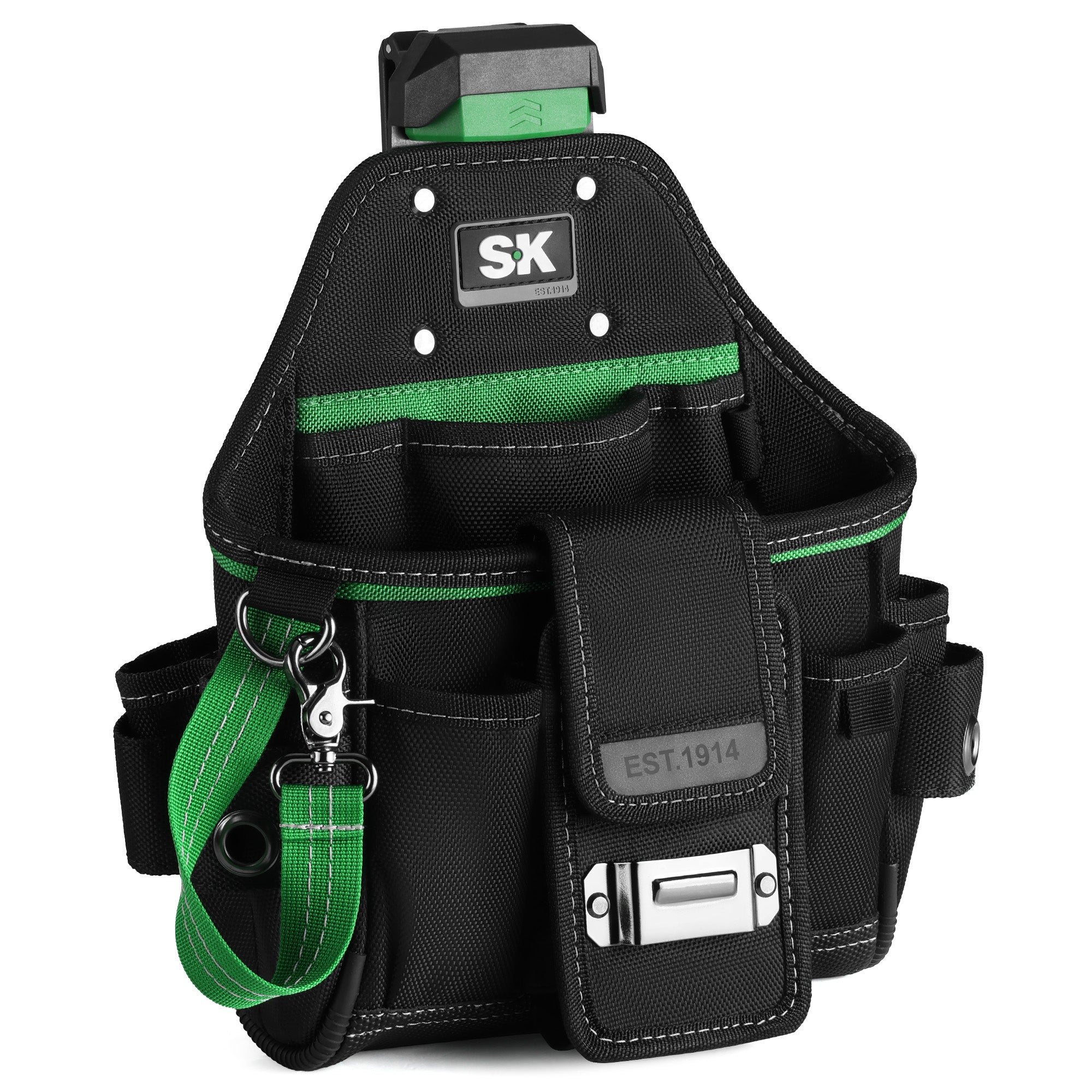 Black tool belt with green accents and 'SK' logo on a white background
