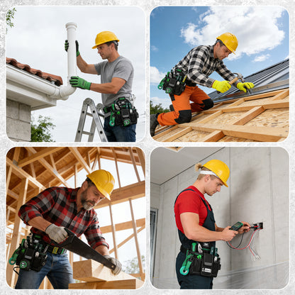 Collage of a construction worker performing various tasks on a building.