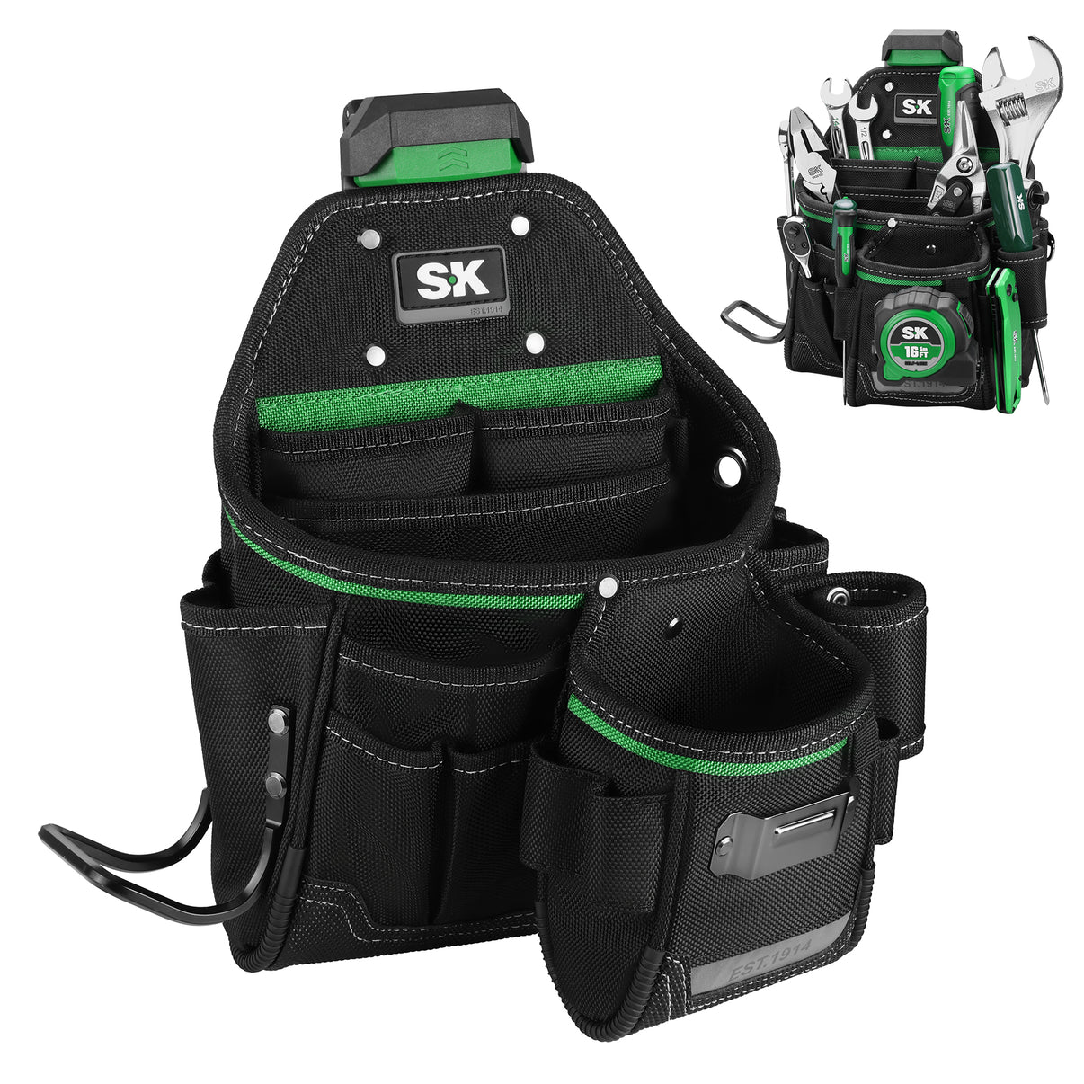 Black tool belt with green accents and SK logo on a white background