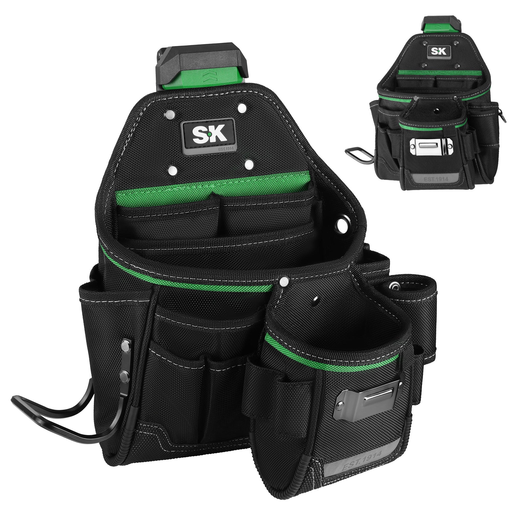 Black tool belt with green accents and SX logo on a white background