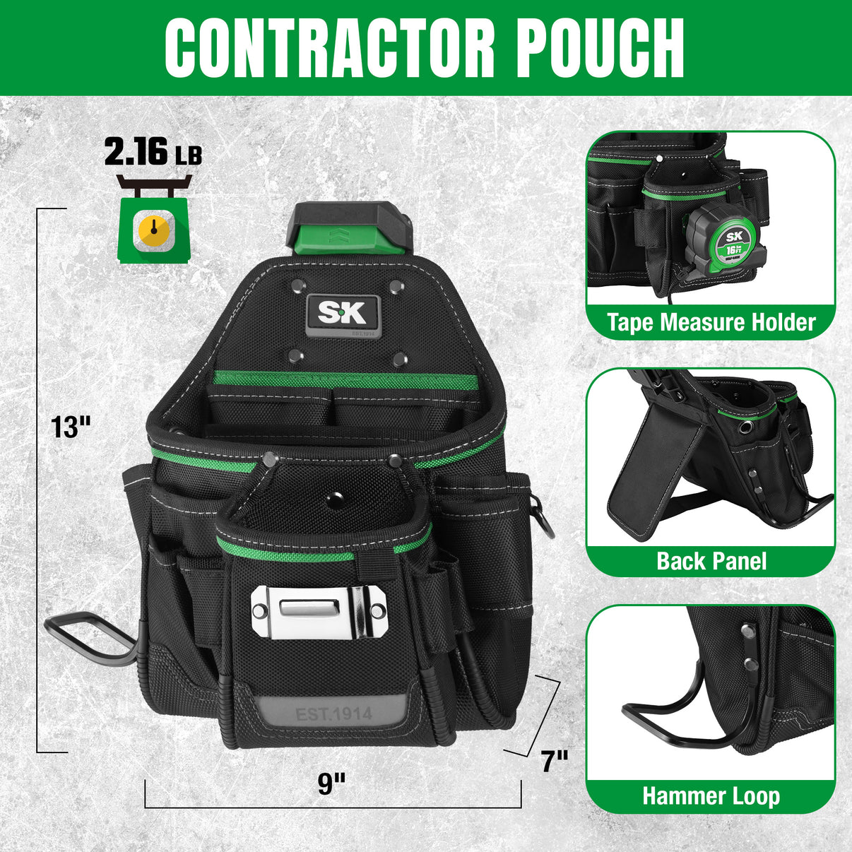 Black and green tool pouch with features and measurements on a gray background