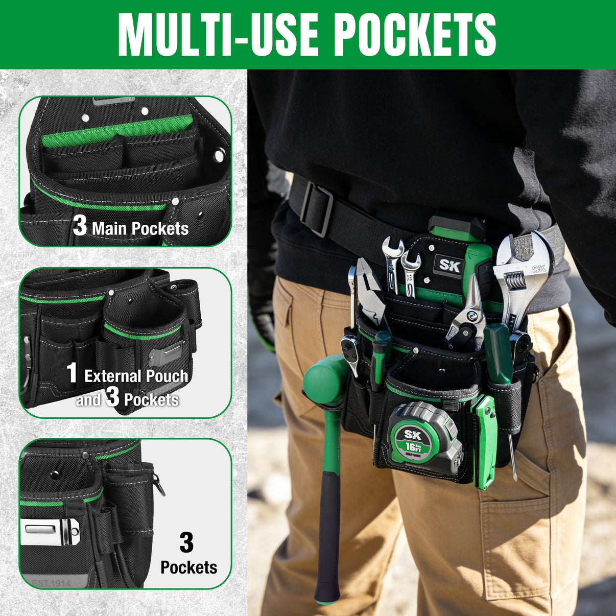 Tool belt with multiple pockets and tools, featuring the brand 'SK'.