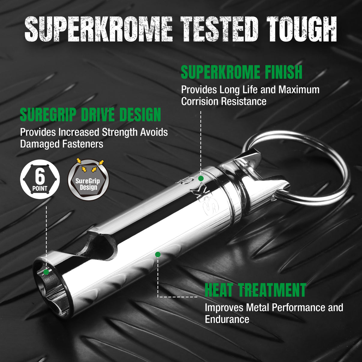 Metal tool with keychain on a textured black background, featuring Superkrome branding.