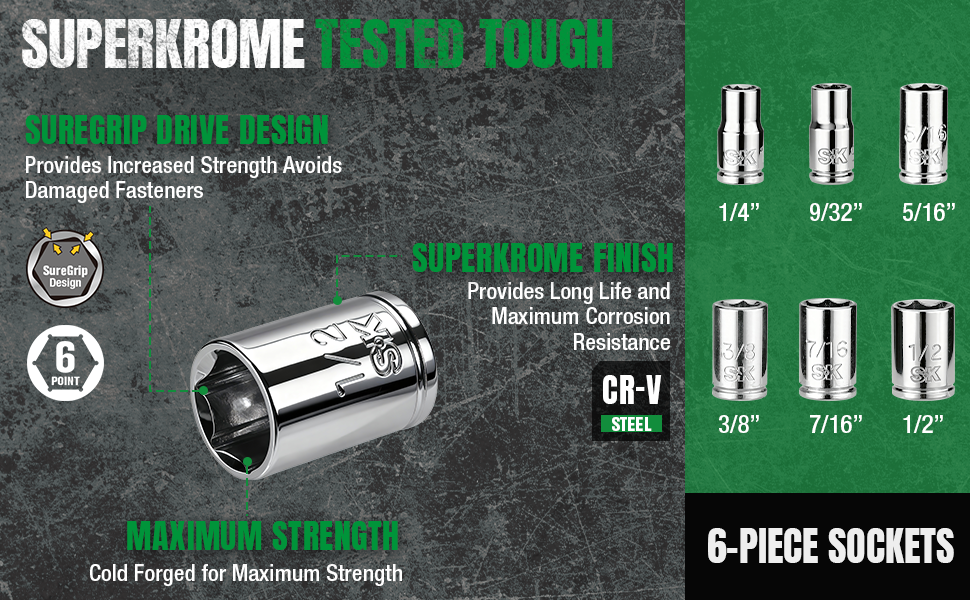 Advertisement for Superkrome sockets with socket display and text on a dark background