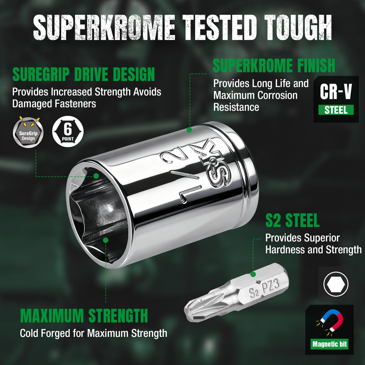 Screwdriver bit with Superkrome finish and features on a dark background