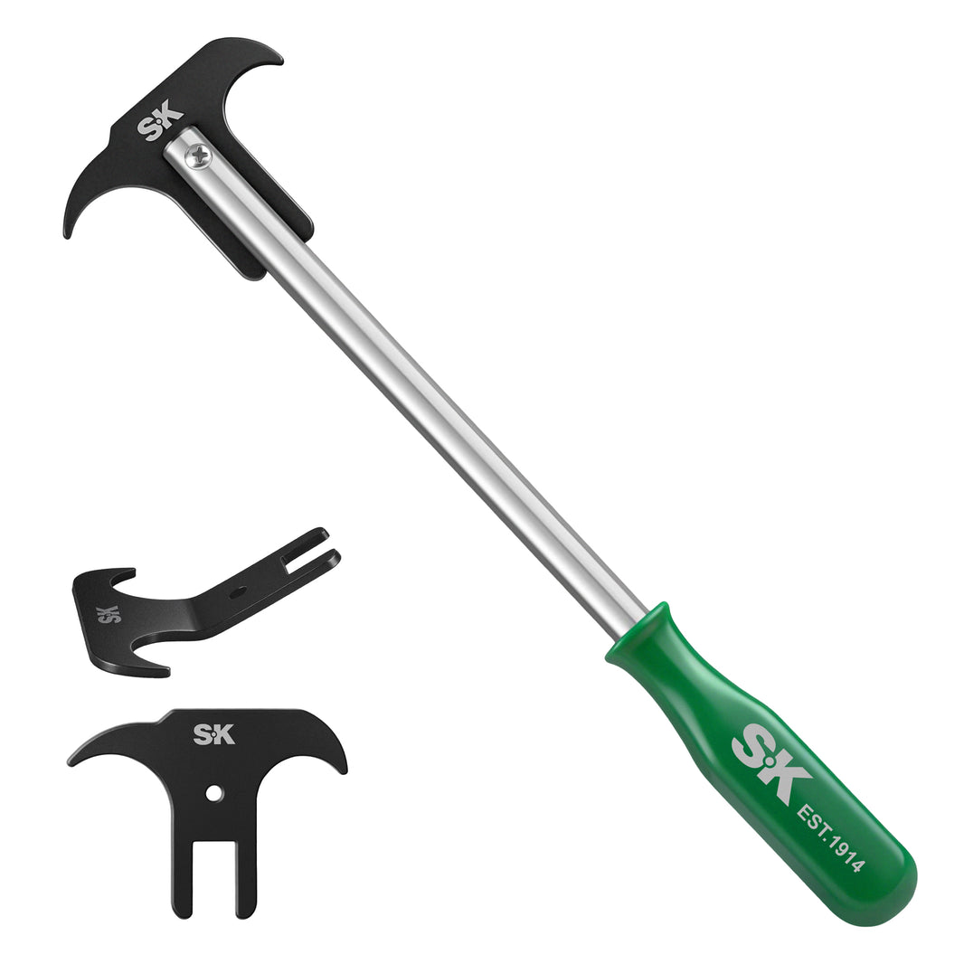 Set of SK tools with green handle and black components on a white background