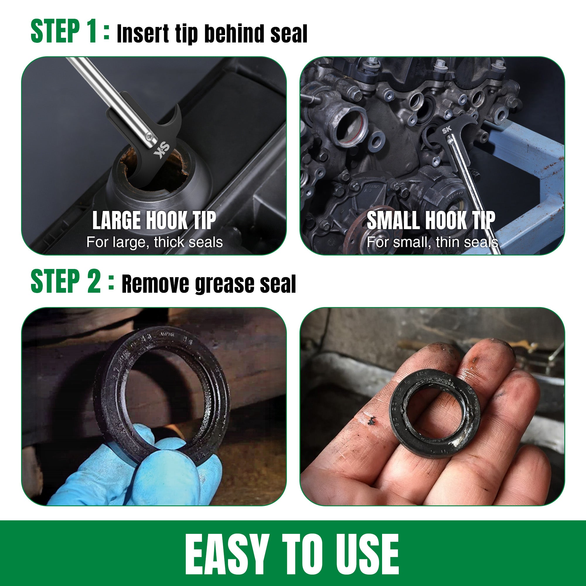 Step-by-step guide on inserting a tip behind a seal and removing a grease seal with text labels.