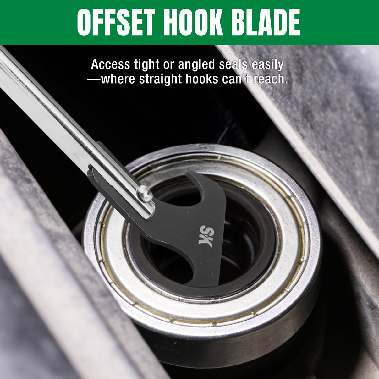 Offset hook blade tool being used on a mechanical component with text describing its use.