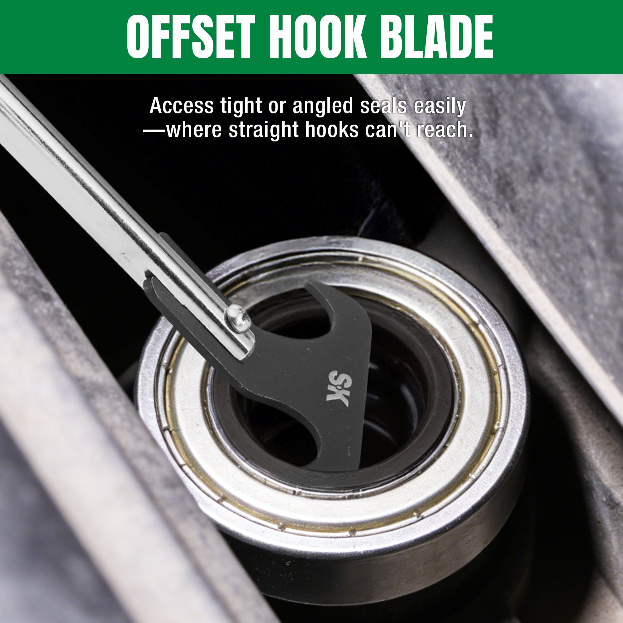 Offset hook blade tool being used on a mechanical component with text describing its use.
