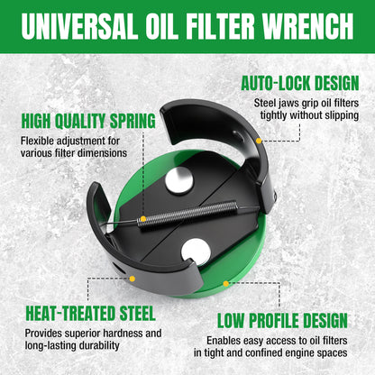 Universal oil filter wrench with features highlighted on a gray background