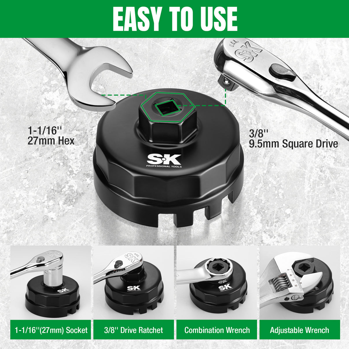 Oil filter wrench with measurement details and tool compatibility on a gray background