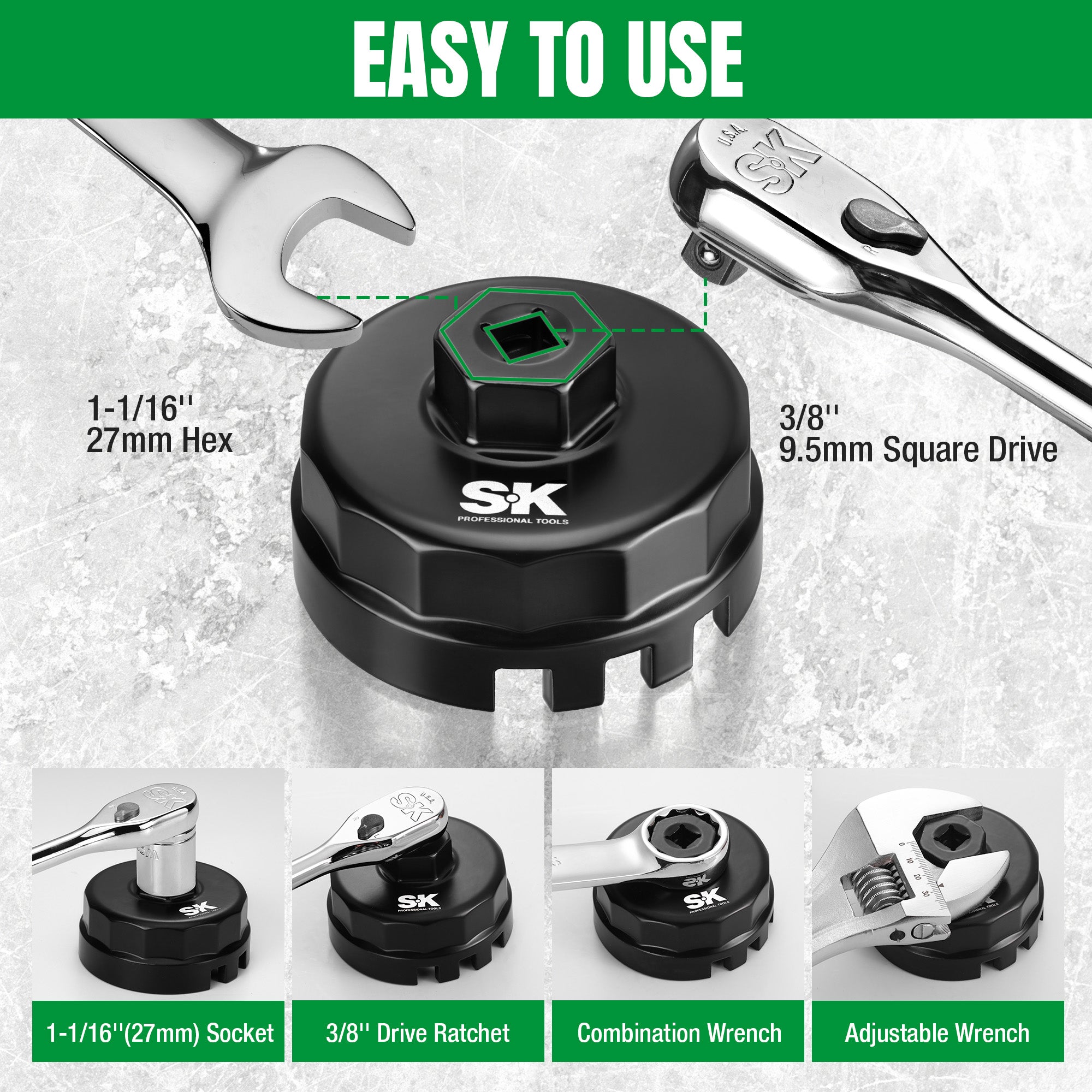 Oil filter wrench with measurement details and tool compatibility on a gray background