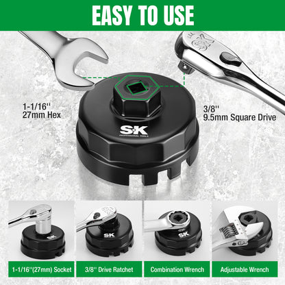 Oil filter wrench with measurement details and tool compatibility on a gray background