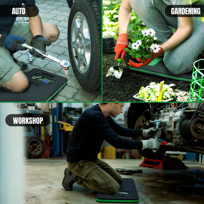 Collage of a person working on a car, gardening, and working on a machine in a workshop.