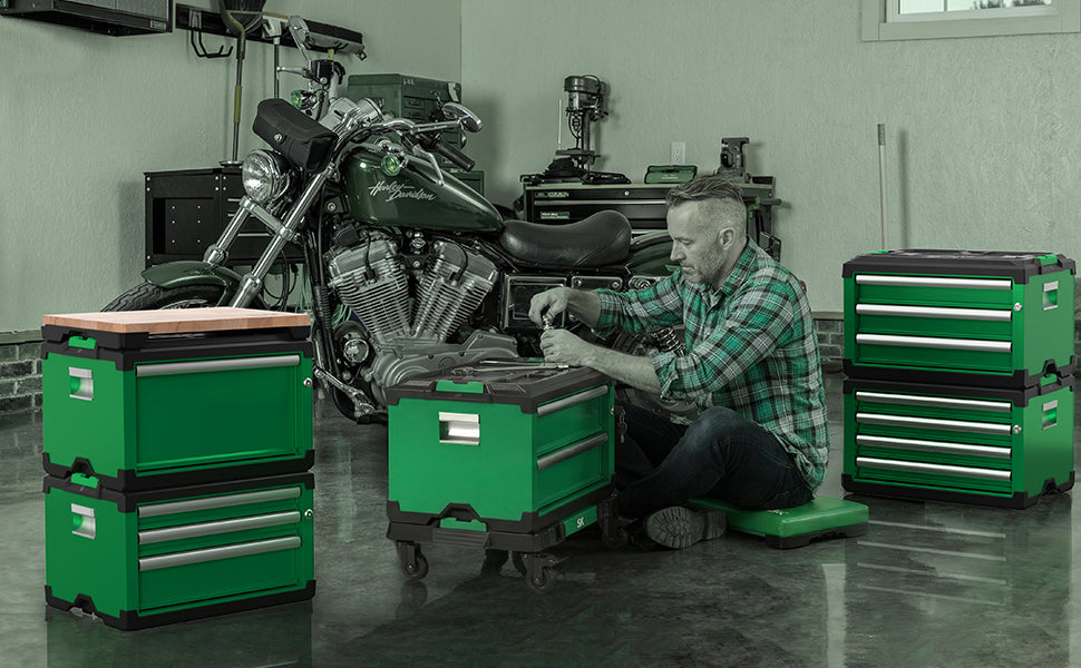 Modular Stackable Storage Toolbox by SK Tools USA in green with multiple compartments for organized storage