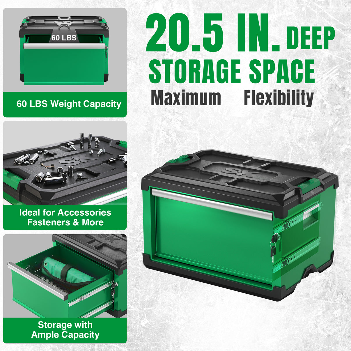 Modular Stackable Storage Toolbox by SK Tools USA in green with 20.5 inches deep storage space and 60 lbs weight capacity