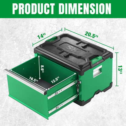 Green SK Tools USA Modular Stackable Storage Toolbox with two drawers and precise dimensions for efficient organization