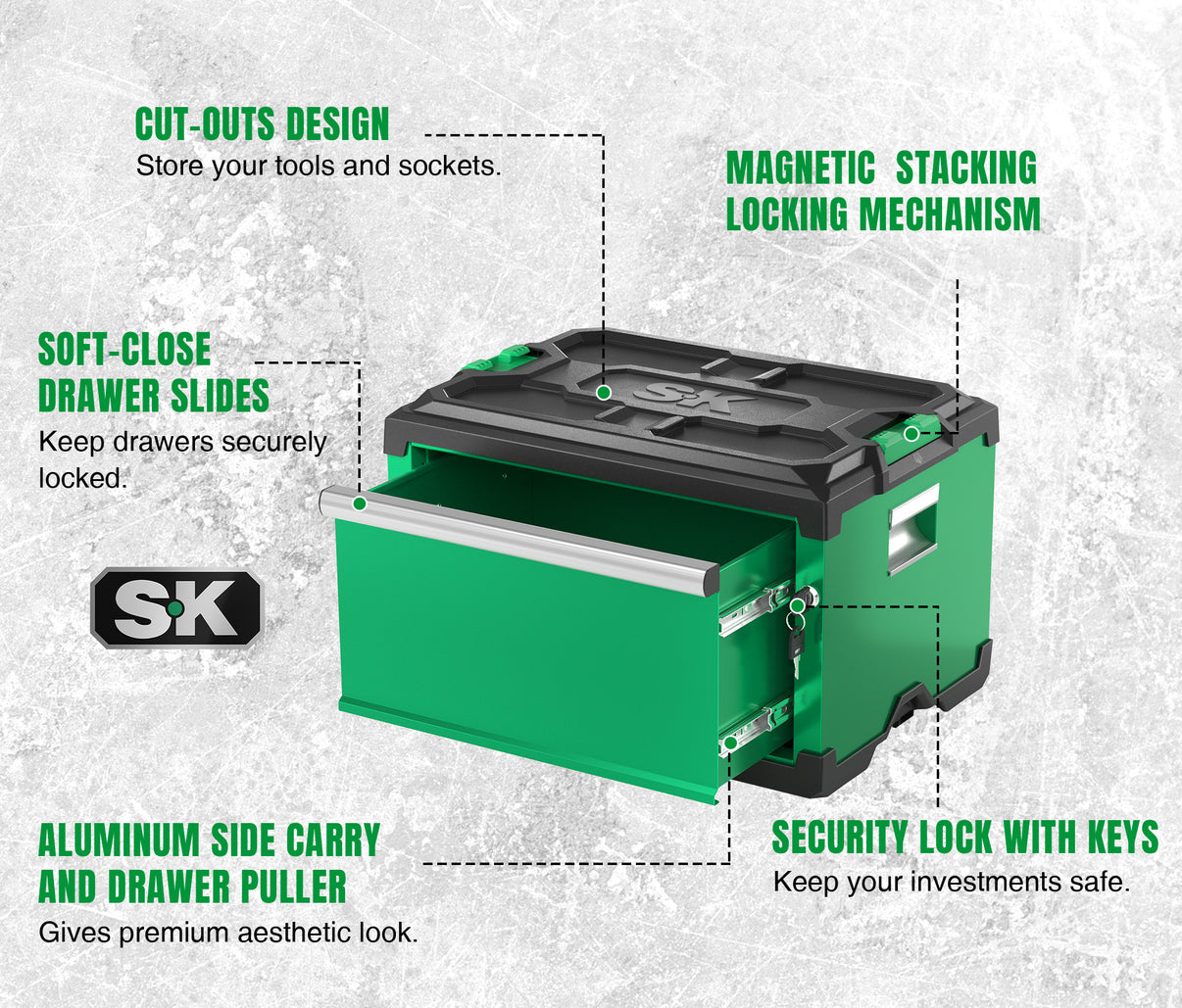Modular Stackable Storage Toolbox by SK Tools USA, LLC in green with magnetic locking mechanism and soft-close drawers
