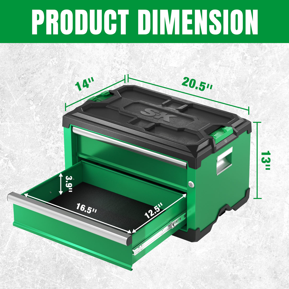 Green SK Tools USA, LLC modular stackable storage toolbox with two drawers and product dimensions displayed