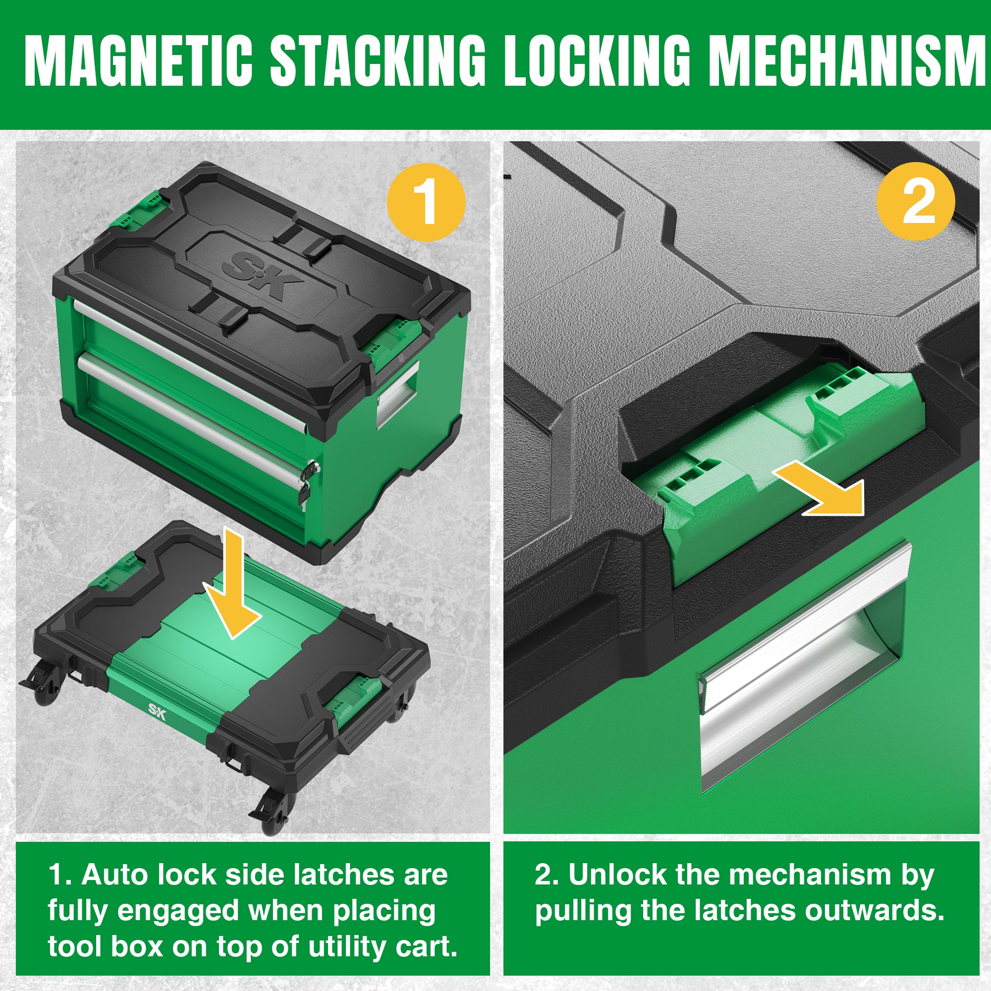 Modular Stackable Storage Toolbox by SK Tools USA, LLC in green and black with 2 drawers and magnetic stacking locking mechanism