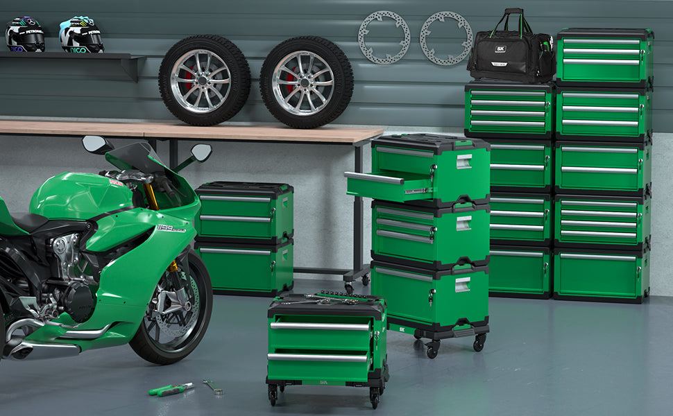 Green SK Tools USA Modular Stackable Storage Toolbox with 2 drawers for organized storage solutions
