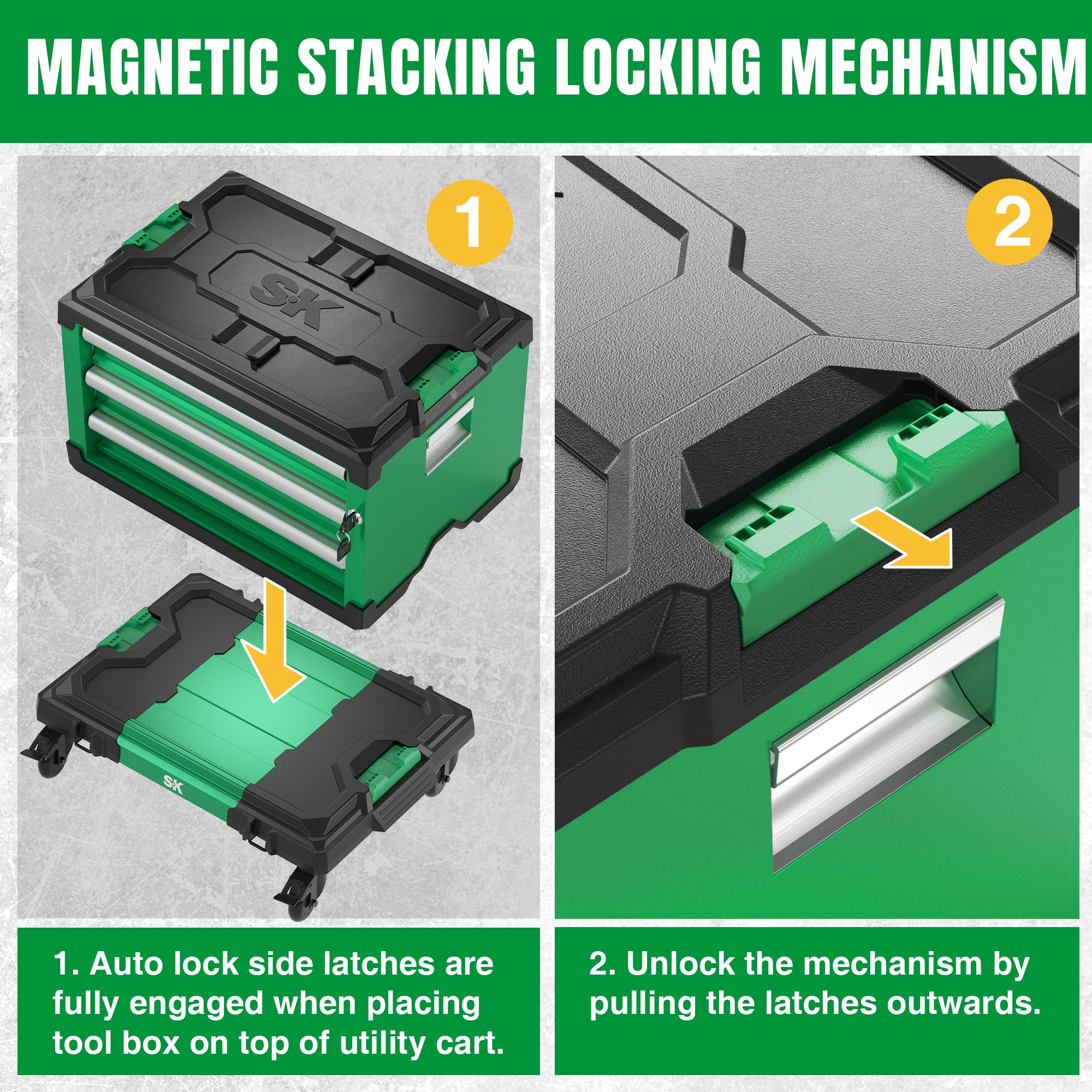 Modular Stackable Storage Toolbox by SK Tools USA, LLC in green and black with 3 drawers and magnetic stacking mechanism