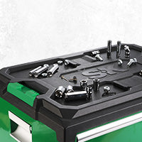 Modular Stackable Storage Toolbox by SK Tools USA, LLC in green with 3 drawers and organized tool storage on top