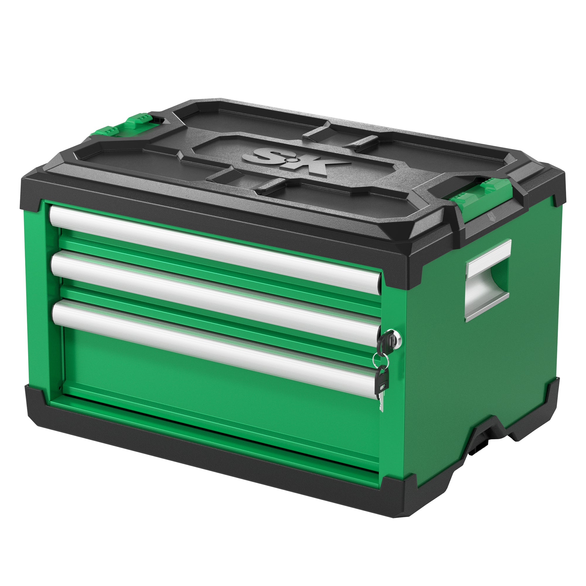 SK Tools USA Modular Stackable Storage Toolbox in green with 3 drawers: 2 shallow and 1 deep for versatile organization