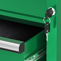 Green SK Tools USA modular stackable storage toolbox with three drawers, featuring two shallow and one deep drawer.