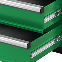 Modular Stackable Storage Toolbox by SK Tools USA, LLC in green with 3 drawers: 2 shallow and 1 deep.